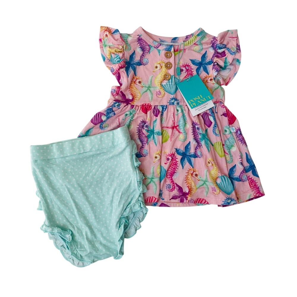 NWT Posh Peanut 6-12M Coral Seahorses + Bummie Set